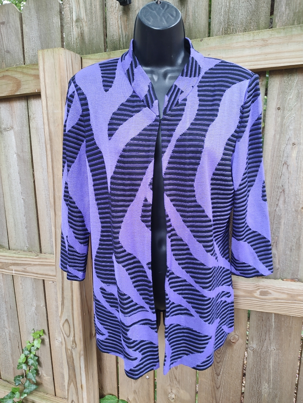 🏵️ Ming Wang Purple Graphic Striped Office Open Front Knit Cardigan